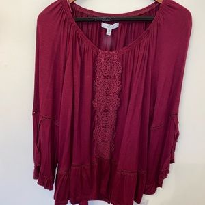 🆕 Lace Maroon Bell Sleeve Off the Shoulder Blouse